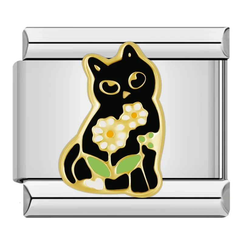Black cat with flowers
