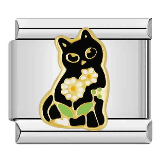 Black cat with flowers
